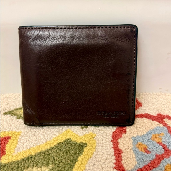 COACH Unisex Dark Brown Pebbled- Textured Leather Bifold Compact Wallet - Picture 13 of 16
